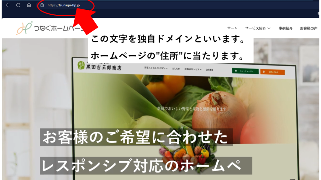 ホームページの作り方：この文字を独自ドメインといいます。ホームページの"住所"に当たります。