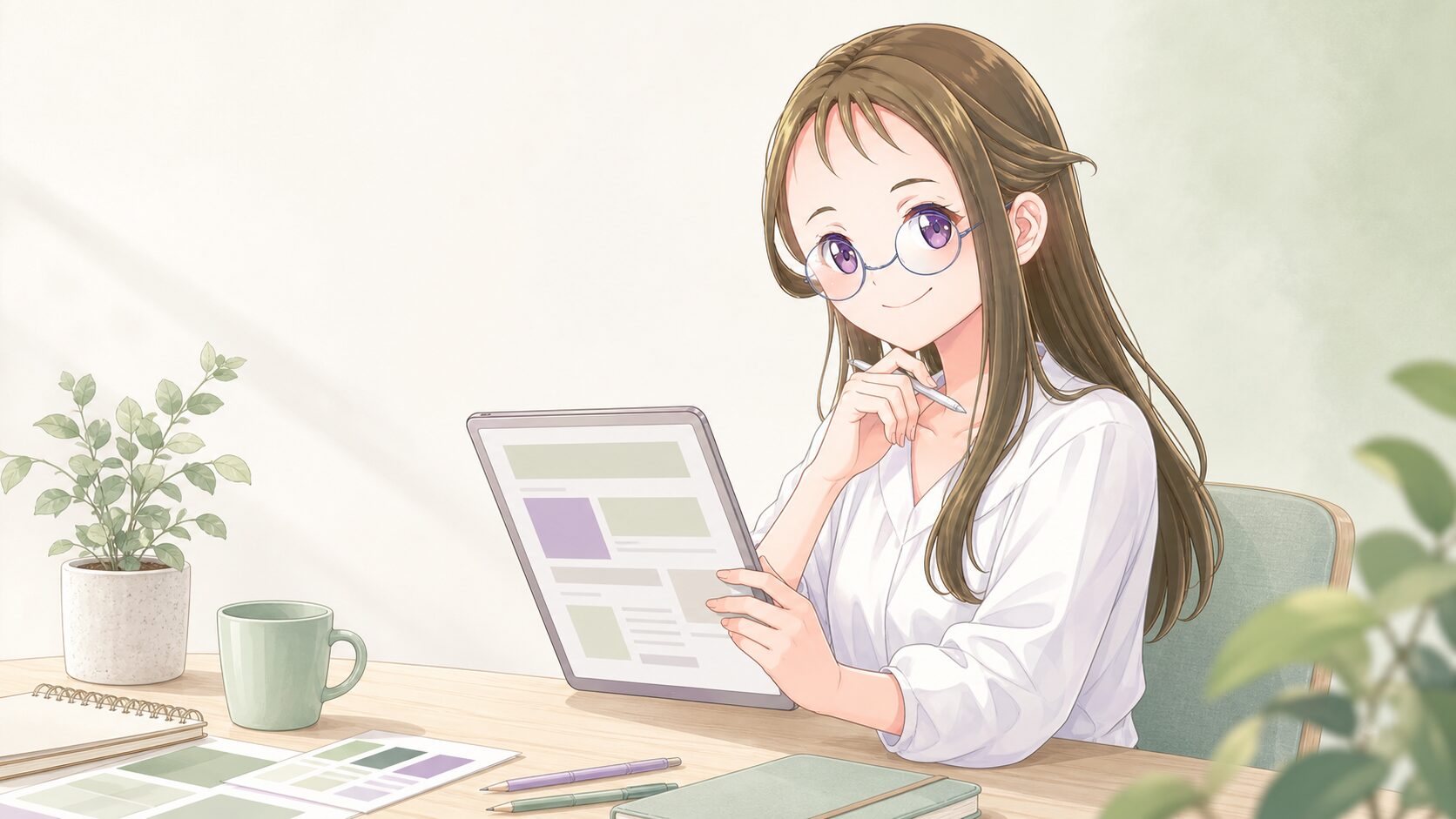 神原キサコの制作カフェ|社員ブログを始めて、失敗した話 1 タブレットを手に、社員ブログの悩みを聞くWEBデザイナーの神原キサコ
